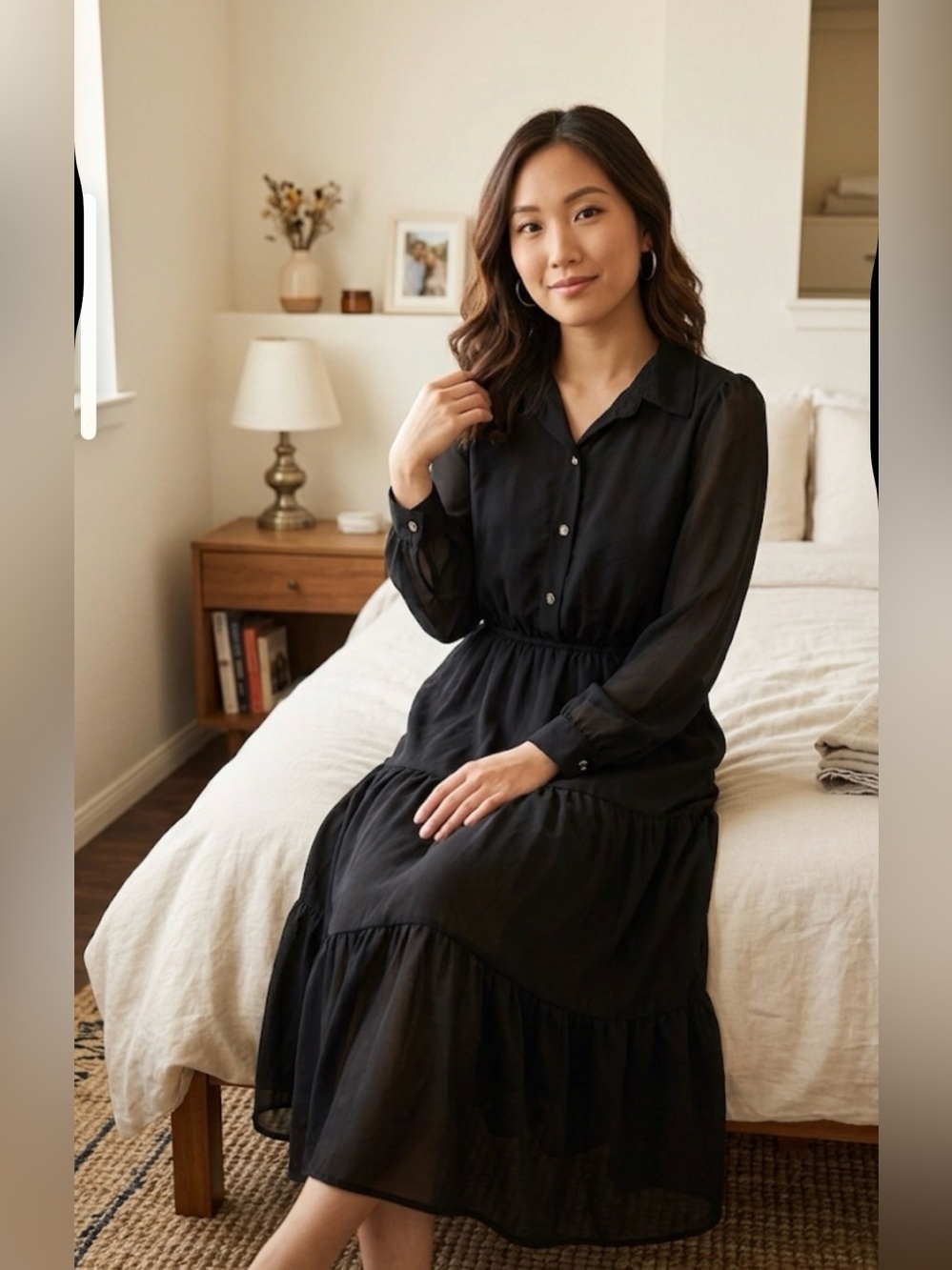 (3/25$) Women’s Black Long Sleeve Tiered Shirt Dress